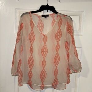 Living Doll Sheer White and Peach Diamond Patterned Blouse - Size M